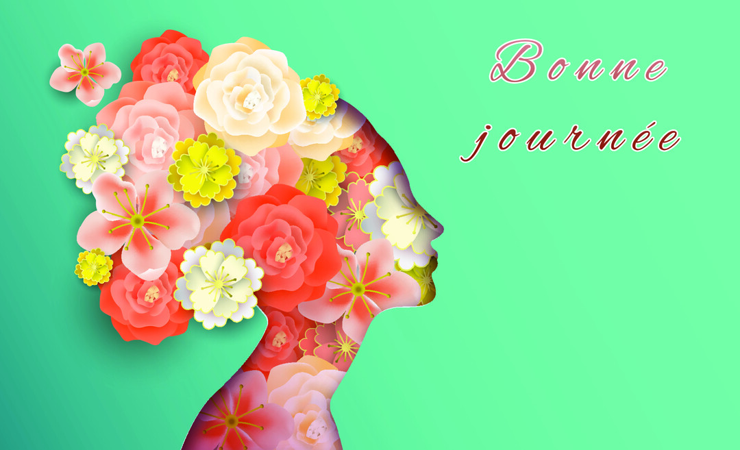 Une silhouette de profil d'une femme est remplie de fleurs colorées de style papier découpé, sur un fond turquoise avec le texte 'Bonne journée'.