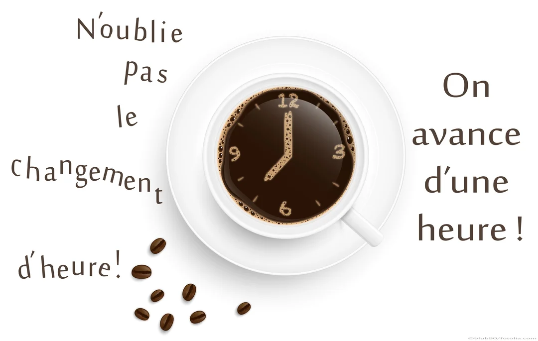 Vue de dessus d'une tasse de café sur fond blanc, où la mousse dessine une horloge indiquant le changement d'heure à venir.