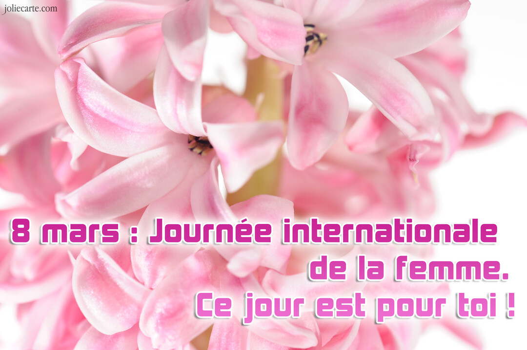 Gros plan sur des fleurs de jacinthe d'un rose délicat, avec le texte '8 mars : Journée internationale de la femme' superposé en rose.