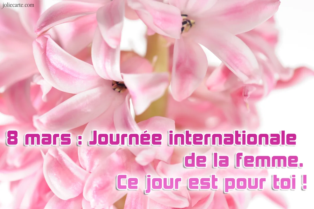 Gros plan sur des fleurs de jacinthe d'un rose délicat, avec le texte '8 mars : Journée internationale de la femme' superposé en rose.