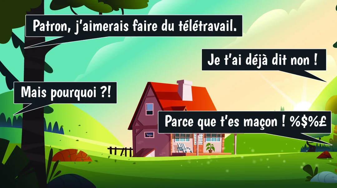 Illustration d'une maison de campagne avec un dialogue en bulles de BD racontant une blague sur un maçon qui demande le télétravail.