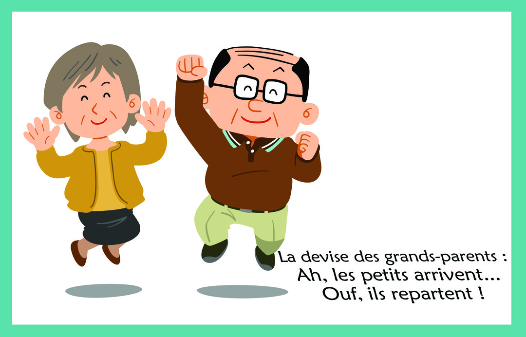 Sur fond blanc avec un cadre turquoise, un couple de grands-parents de style dessin animé saute joyeusement, illustrant une citation humoristique.