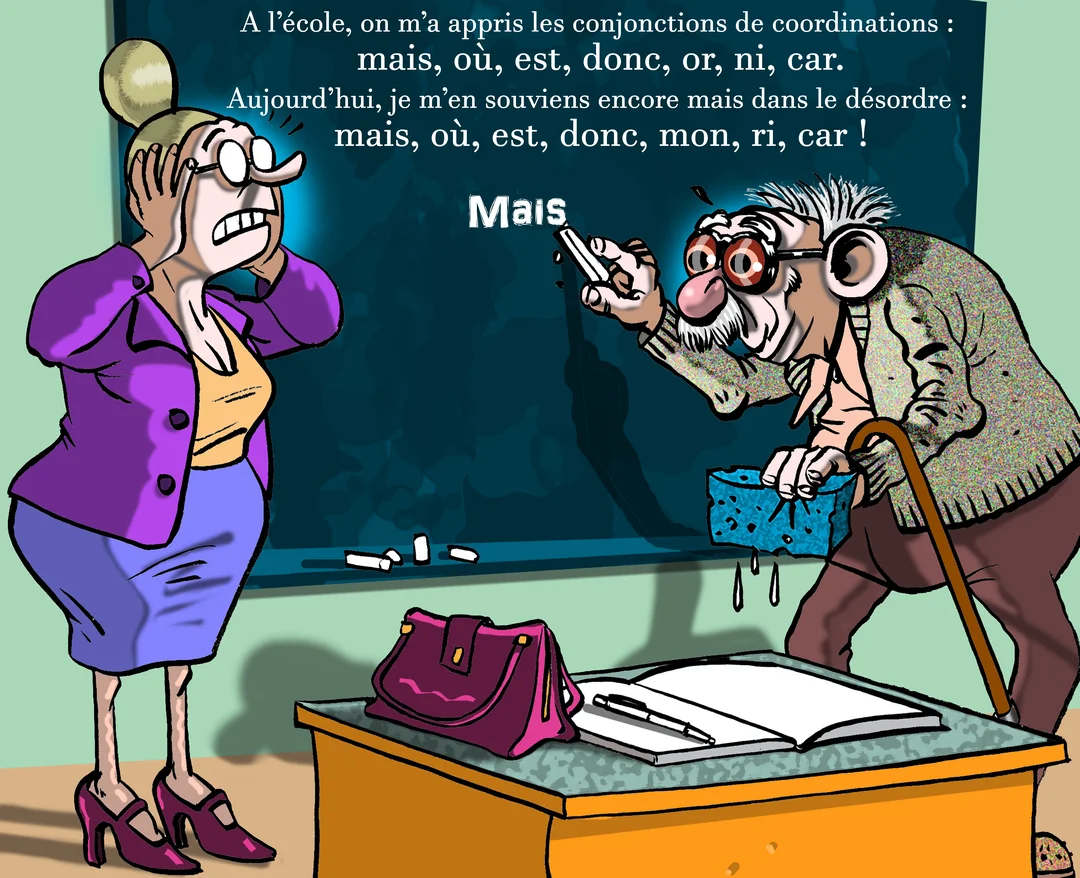 Dessin humoristique d'un vieil homme écrivant une blague au tableau noir d'une classe, tandis qu'une enseignante se tient la tête, désespérée.