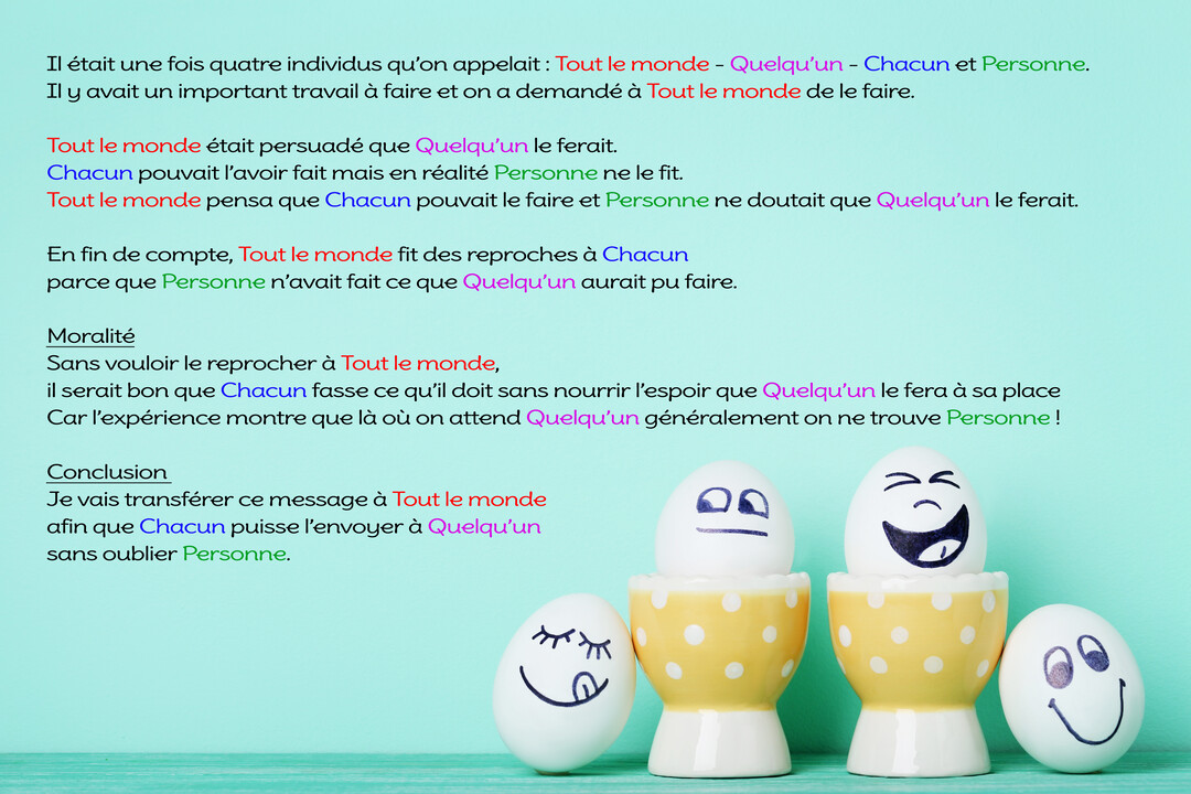 Un texte humoristique sur un fond turquoise est présenté à côté de quatre œufs blancs peints de visages expressifs, deux étant dans des coquetiers.