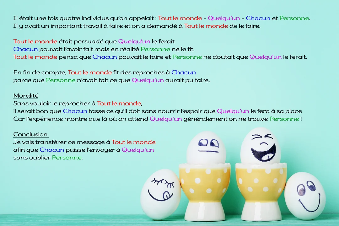 Un texte humoristique sur un fond turquoise est présenté à côté de quatre œufs blancs peints de visages expressifs, deux étant dans des coquetiers.