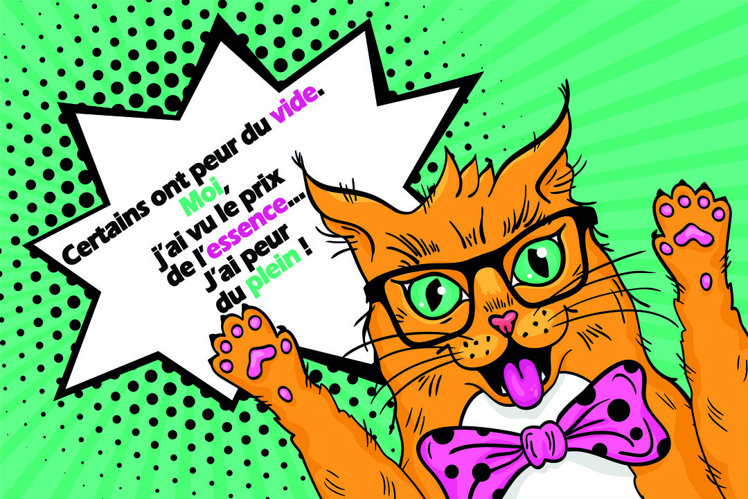 Un chat roux style pop art avec lunettes et nœud papillon s'écrie dans une bulle de dialogue sur sa peur du plein d'essence.