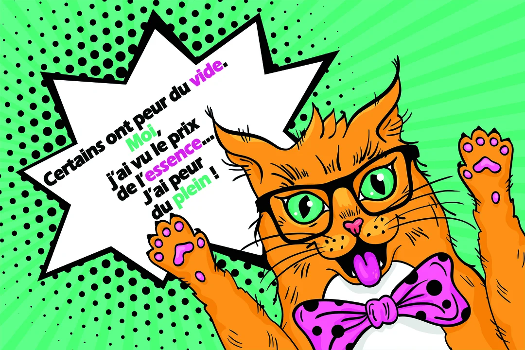 Un chat roux style pop art avec lunettes et nœud papillon s'écrie dans une bulle de dialogue sur sa peur du plein d'essence.