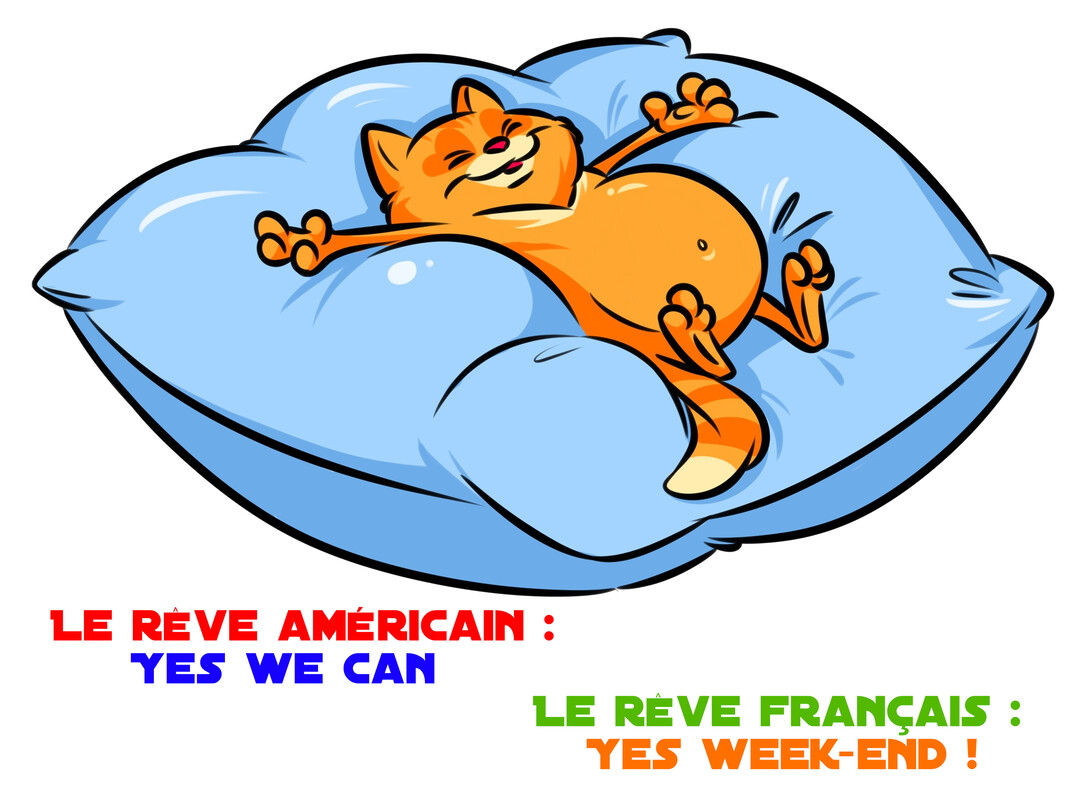Un dessin humoristique d'un chat orange qui se prélasse avec un grand sourire sur un gros coussin bleu, illustrant la paresse du week-end.