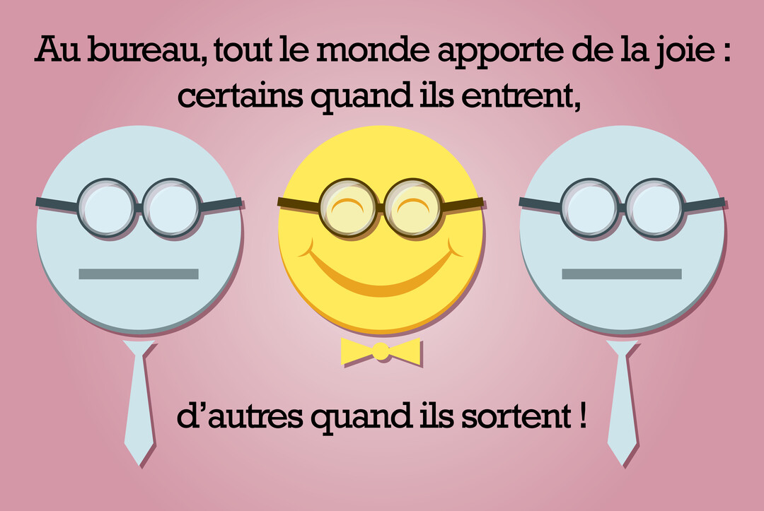 Trois personnages-smileys stylisés, un jaune joyeux au centre et deux bleus neutres, illustrant avec humour une citation sur les collègues de bureau.