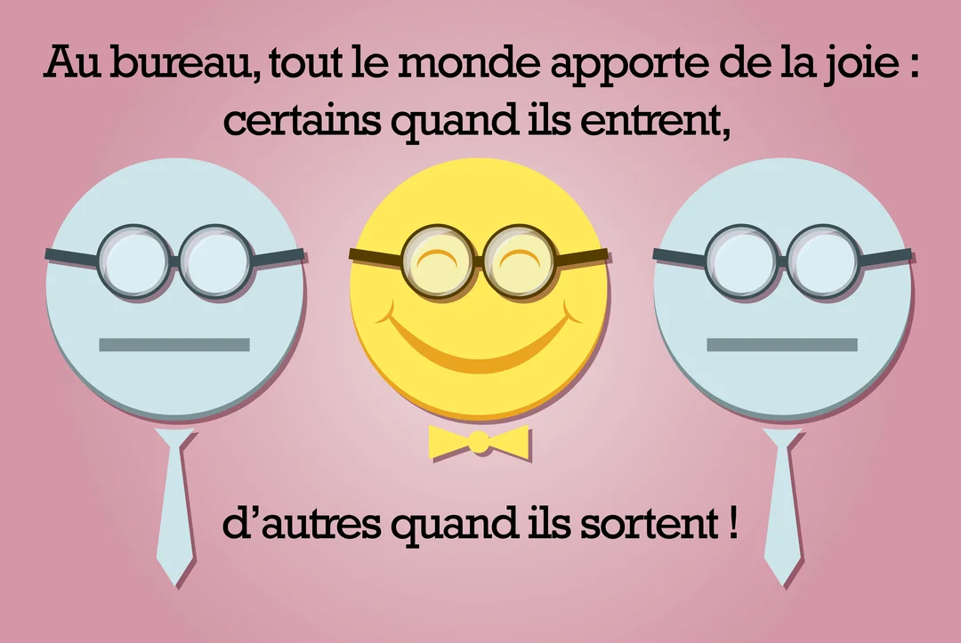 Trois personnages-smileys stylisés, un jaune joyeux au centre et deux bleus neutres, illustrant avec humour une citation sur les collègues de bureau.
