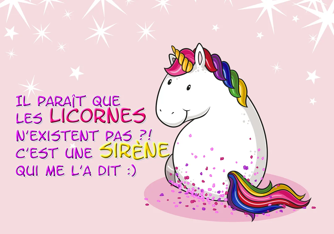 Une licorne de style dessin animé, blanche avec une crinière et une queue arc-en-ciel, est assise sur un fond rose parsemé d'étoiles.
