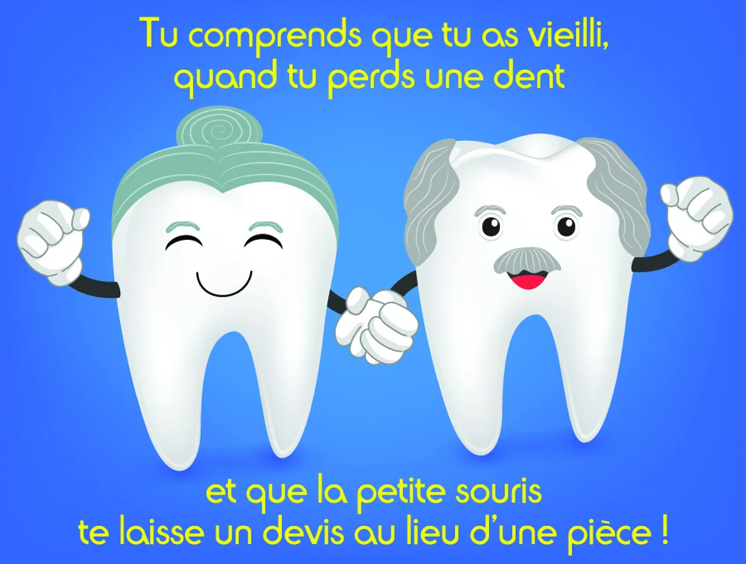 Deux dents anthropomorphes seniors, une avec un chignon et l'autre avec une moustache, se tiennent la main en souriant sur un fond bleu.
