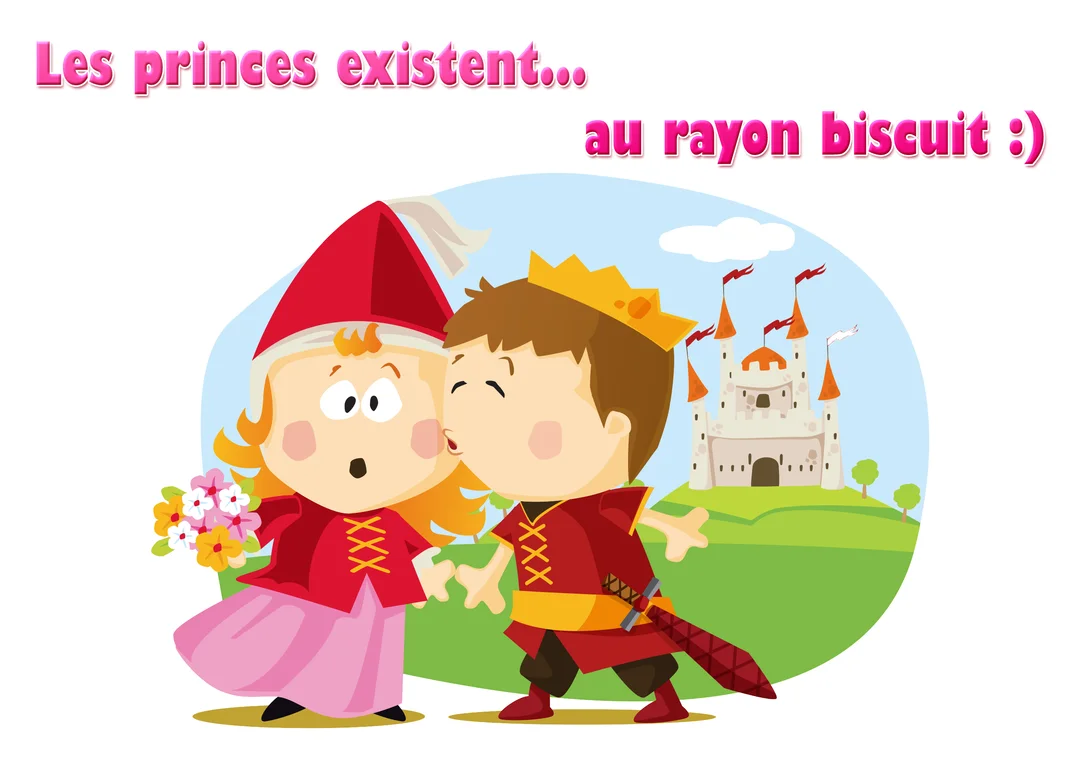 Un petit prince de dessin animé avec une couronne embrasse sur la joue une princesse surprise, avec un château de conte de fées en arrière-plan.