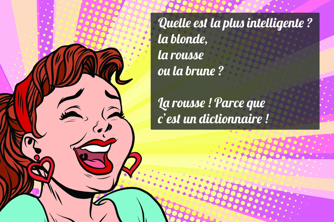 Une illustration pop art d'une femme rousse riant, à côté d'un phylactère contenant une blague basée sur un jeu de mots.