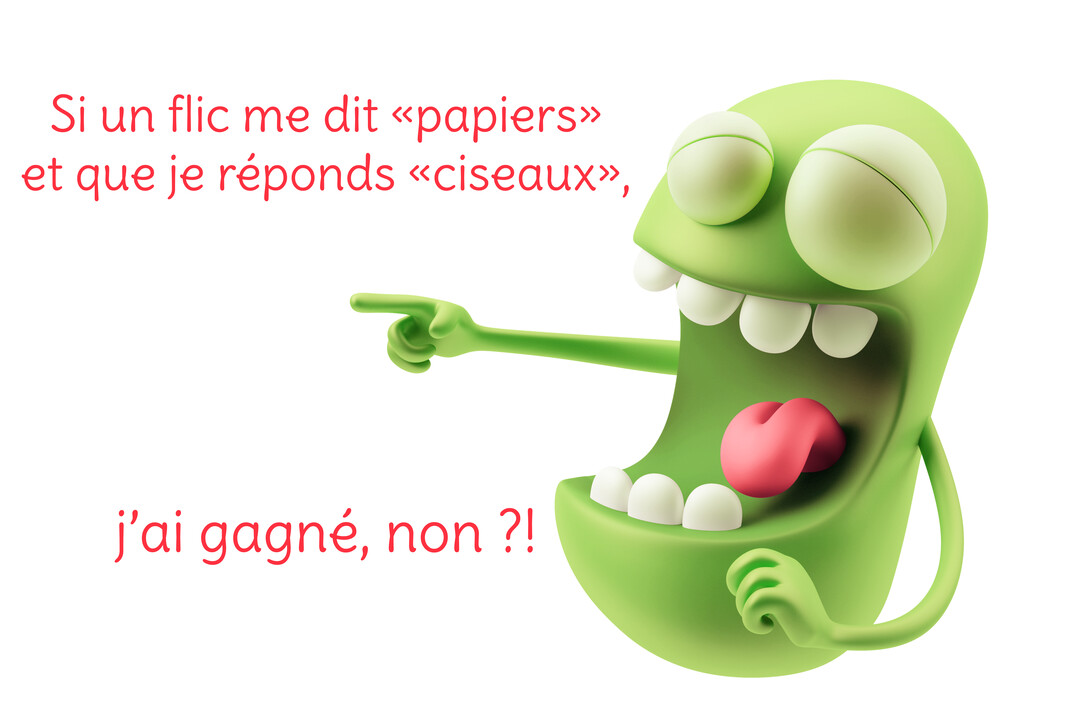 Une créature verte de style emoji, avec de grands yeux et une large bouche ouverte, rit en pointant du doigt vers la gauche.