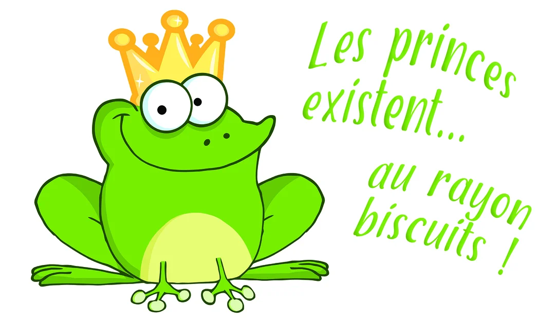 Une illustration humoristique montre une grenouille de dessin animé portant une couronne, avec un jeu de mots sur le prince charmant et les biscuits.