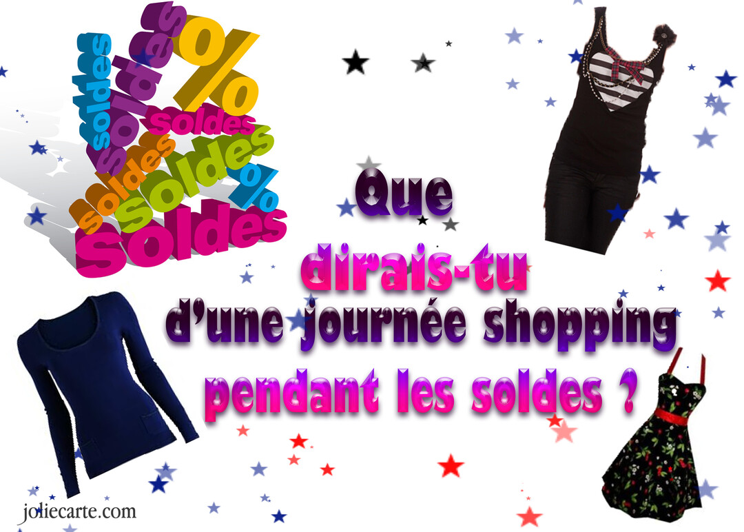 Une carte d'invitation festive avec le texte 'journée shopping pendant les soldes', entouré d'images de vêtements et d'étoiles colorées.