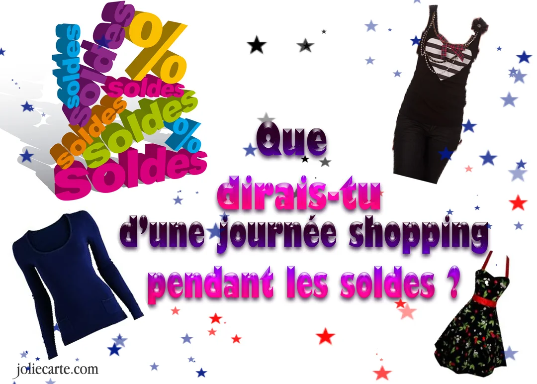 Une carte d'invitation festive avec le texte 'journée shopping pendant les soldes', entouré d'images de vêtements et d'étoiles colorées.