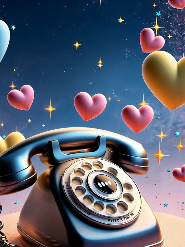 Carte virtuelle illustrant un téléphone vintage à cadran rotatif, entouré de cœurs roses flottant dans un ciel étoilé, avec le texte 'Un appel peut égayer une journée'.