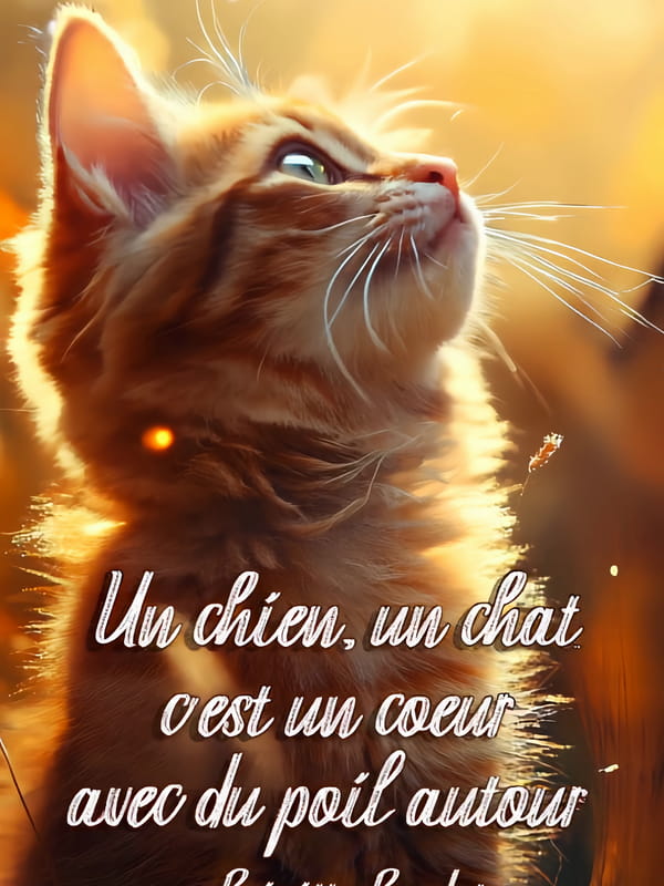 Carte avec un chaton roux regardant la lumière dorée, illustrant la citation de Brigitte Bardot sur l'amour des animaux.