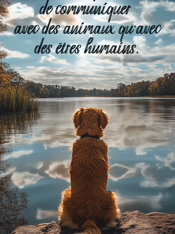 Un chien de dos, assis sur un rocher, contemple un lac paisible sous un ciel nuageux. Citation sur la facilité de communiquer avec les animaux.