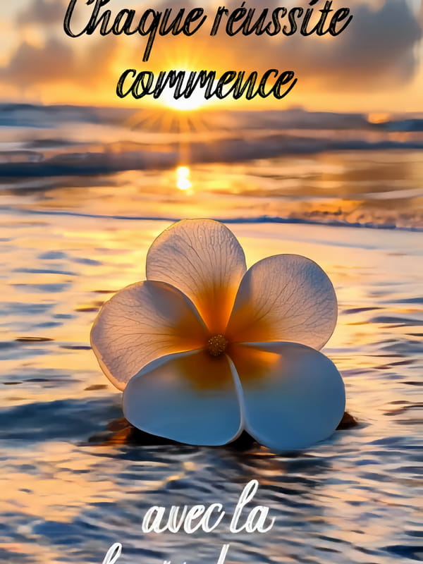 Carte de citation sur la volonté avec une fleur de frangipanier sur une plage au coucher du soleil. Texte : 'Chaque réussite commence avec la volonté d'essayer.'