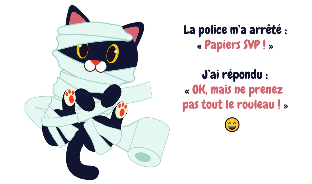 Un chat noir de style dessin animé, avec de grands yeux jaunes, est complètement emmêlé dans un rouleau de papier toilette sur fond blanc.