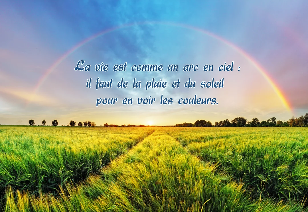 Une citation philosophique est inscrite sur un paysage de campagne, montrant un champ vert sous un arc-en-ciel complet au soleil couchant.