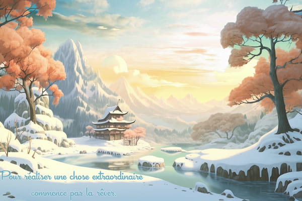 Paysage d'hiver onirique d'inspiration asiatique avec un temple et une citation : 'Pour réaliser une chose extraordinaire commence par la rêver.'