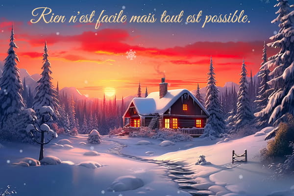 Carte de motivation avec la citation 'Rien n'est facile mais tout est possible' illustrée par un chalet enneigé au coucher du soleil dans un paysage d'hiver.