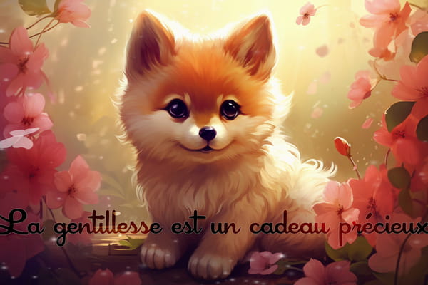 Carte illustrée d'un adorable chiot loulou de Poméranie entouré de fleurs roses, avec le texte : 'La gentillesse est un cadeau précieux.'