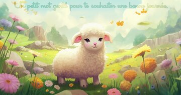 Carte pour souhaiter une bonne journée avec un adorable mouton blanc dans une prairie fleurie et ensoleillée. Texte : 'Un petit mot gentil pour te souhaiter une bonne journée.'