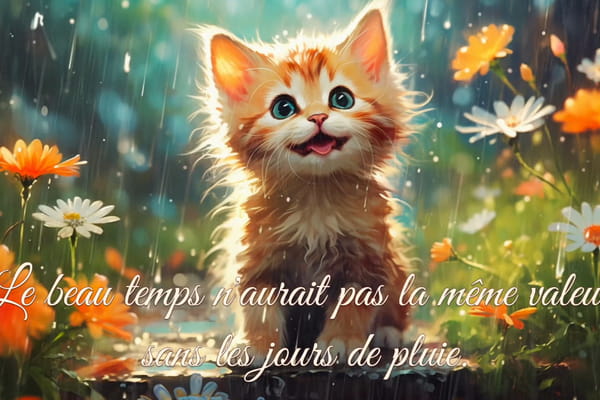 Un adorable chaton roux souriant sous la pluie au milieu de fleurs, avec le texte 'Le beau temps n'aurait pas la même valeur sans les jours de pluie'.