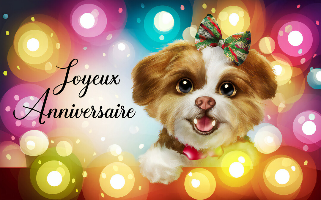 Un chiot Shih Tzu souriant avec un nœud sur la tête pose devant un arrière-plan abstrait et multicolore avec des cercles lumineux.