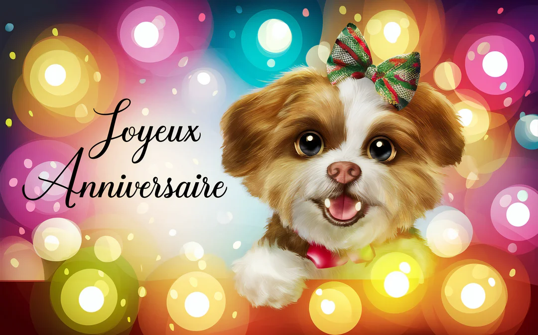 Un chiot Shih Tzu souriant avec un nœud sur la tête pose devant un arrière-plan abstrait et multicolore avec des cercles lumineux.