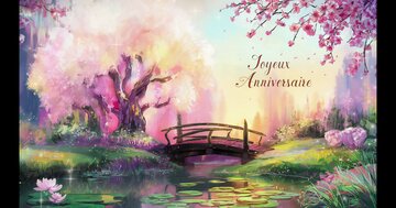 Carte de Joyeux Anniversaire avec illustration d'un jardin asiatique, un cerisier rose, un pont en bois sur un étang à nénuphars.
