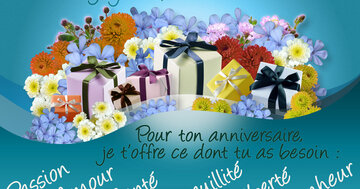 Aperçu de la carte : « Pour ton anniversaire, je t'offre ce dont tu as besoin : passion, amour, santé... »