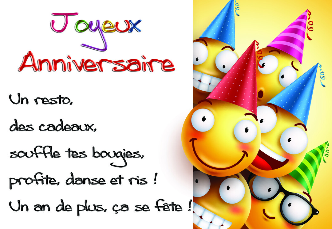 Une bande de smileys jaunes en 3D avec des chapeaux de fête colorés sourient et regardent joyeusement sur un fond jaune vif.
