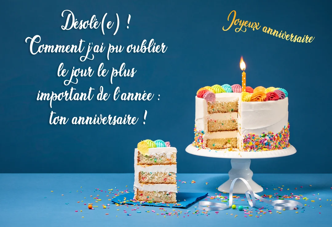 Un gâteau d'anniversaire festif avec une tranche coupée, une bougie allumée et des confettis colorés, sur une table et un fond bleus.