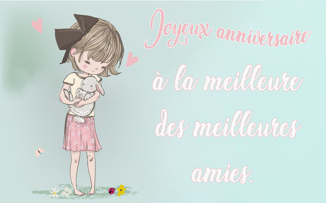 Une jeune fille aux cheveux clairs avec un grand nœud serre tendrement un petit lapin blanc contre elle, sur un fond bleu-vert pastel.