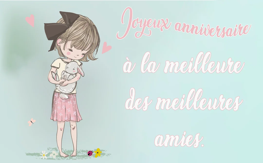 Une jeune fille aux cheveux clairs avec un grand nœud serre tendrement un petit lapin blanc contre elle, sur un fond bleu-vert pastel.