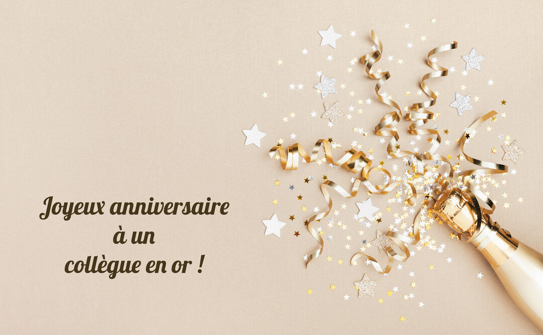 Sur un fond beige uni, une bouteille de champagne dorée explose en serpentins et confettis étoilés or et argent, à côté du message.