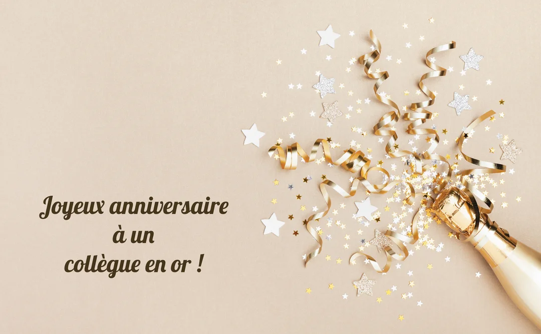 Sur un fond beige uni, une bouteille de champagne dorée explose en serpentins et confettis étoilés or et argent, à côté du message.