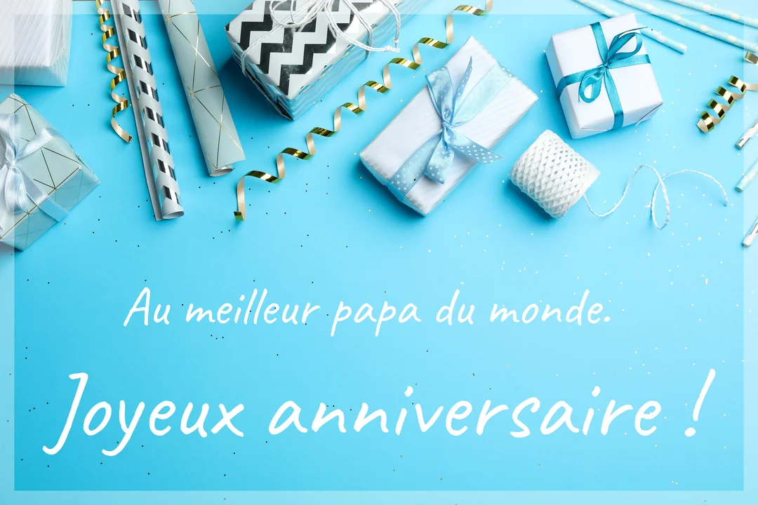 Une composition festive de cadeaux et rubans sur fond bleu, avec une inscription blanche souhaitant un joyeux anniversaire à un papa.
