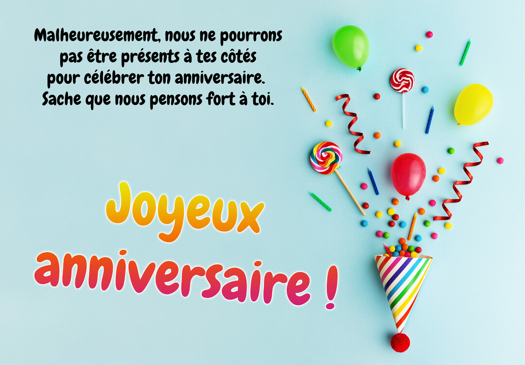 Sur un fond bleu clair, un cornet de fête multicolore explose en confettis, ballons, serpentins et sucettes, illustrant un message de joyeux anniversaire.