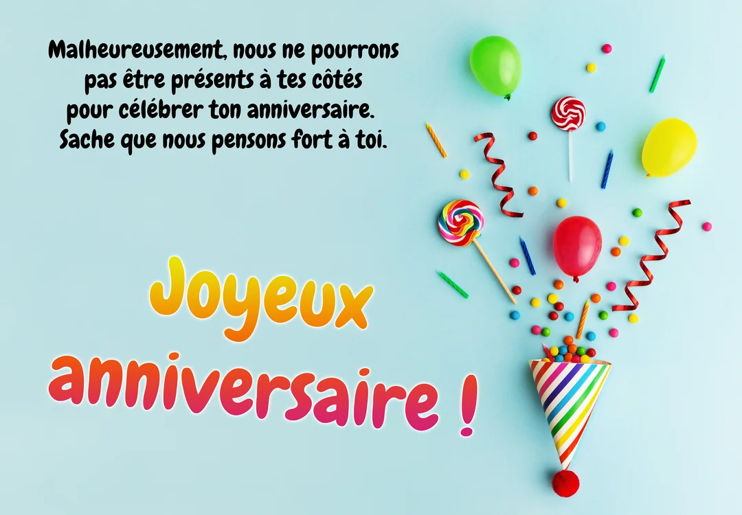 Sur un fond bleu clair, un cornet de fête multicolore explose en confettis, ballons, serpentins et sucettes, illustrant un message de joyeux anniversaire.