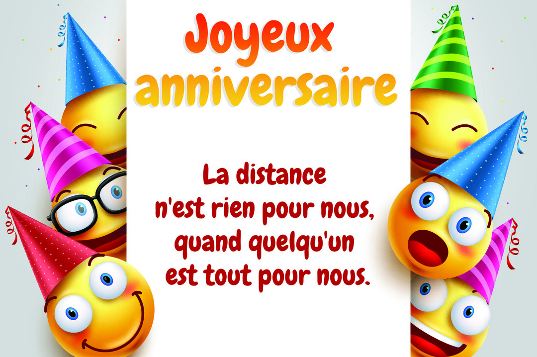 Plusieurs emojis joyeux coiffés de chapeaux de fête colorés entourent un message d'anniversaire sur un fond blanc avec des confettis.