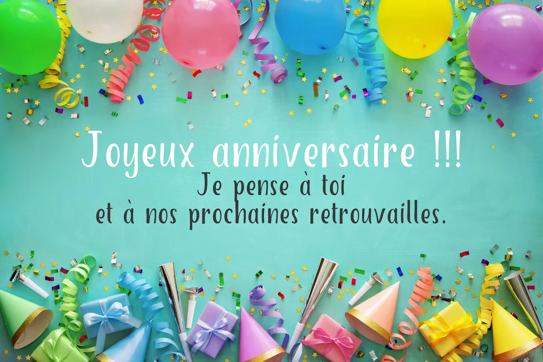 Une composition festive pour un anniversaire avec des ballons multicolores, serpentins et cadeaux encadrant un message de vœux sur un fond turquoise.