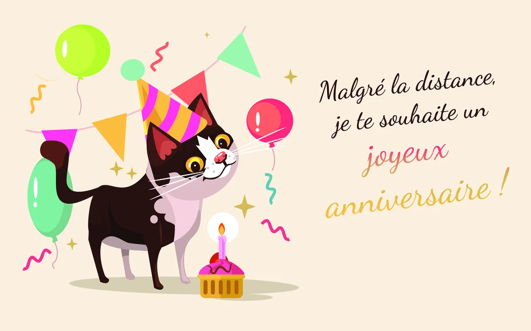 Un chat noir et blanc souriant porte un chapeau de fête pointu au milieu de ballons, guirlandes et d'un petit gâteau d'anniversaire.