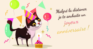Carte d'anniversaire à distance avec un chat noir et blanc coiffé d'un chapeau de fête, entouré de ballons, de guirlandes et d'un gâteau.